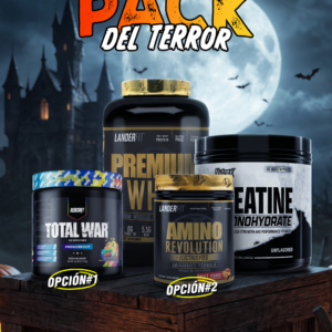PACK DE TERROR | LANDERFIT PROTEINA WHEY 5LB + NUTREX CREATINA 100 SERVIDAS + REDCON TOTAL WAR PRE-ENTRENO O LANDERFIT AMINO