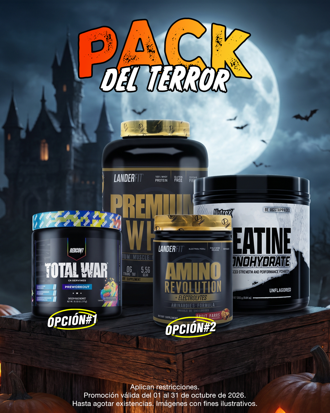 PACK DE TERROR | LANDERFIT PROTEINA WHEY 5LB + NUTREX CREATINA 100 SERVIDAS + REDCON TOTAL WAR PRE-ENTRENO O LANDERFIT AMINO